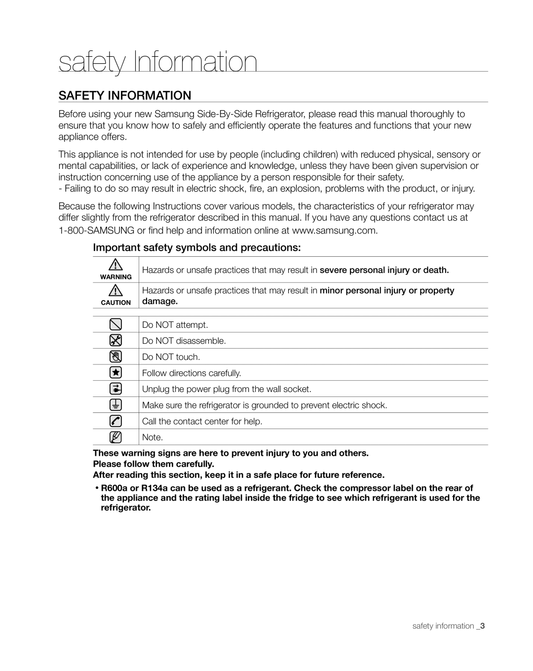 Samsung RS267TDWP, RS265TDWP user manual safety Information, Safety Information, Important safety symbols and precautions 