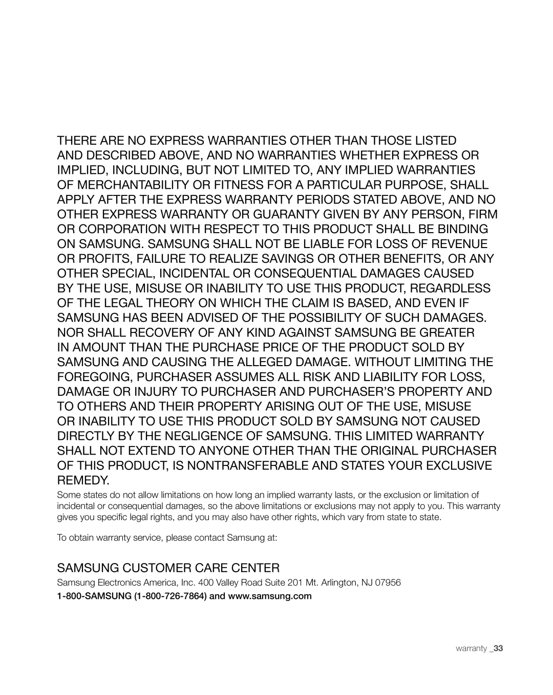 Samsung RS267TDWP, RS265TDWP user manual Samsung Customer Care Center 