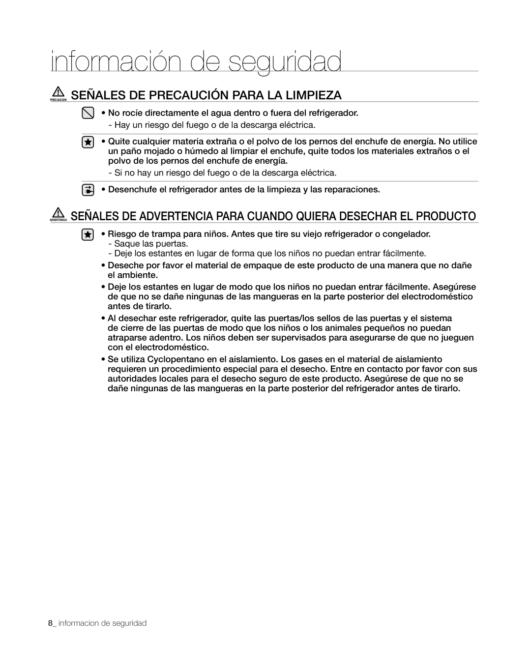 Samsung RS265TDWP, RS267TDWP user manual Precaucion Señales De Precaución Para La Limpieza, información de seguridad 