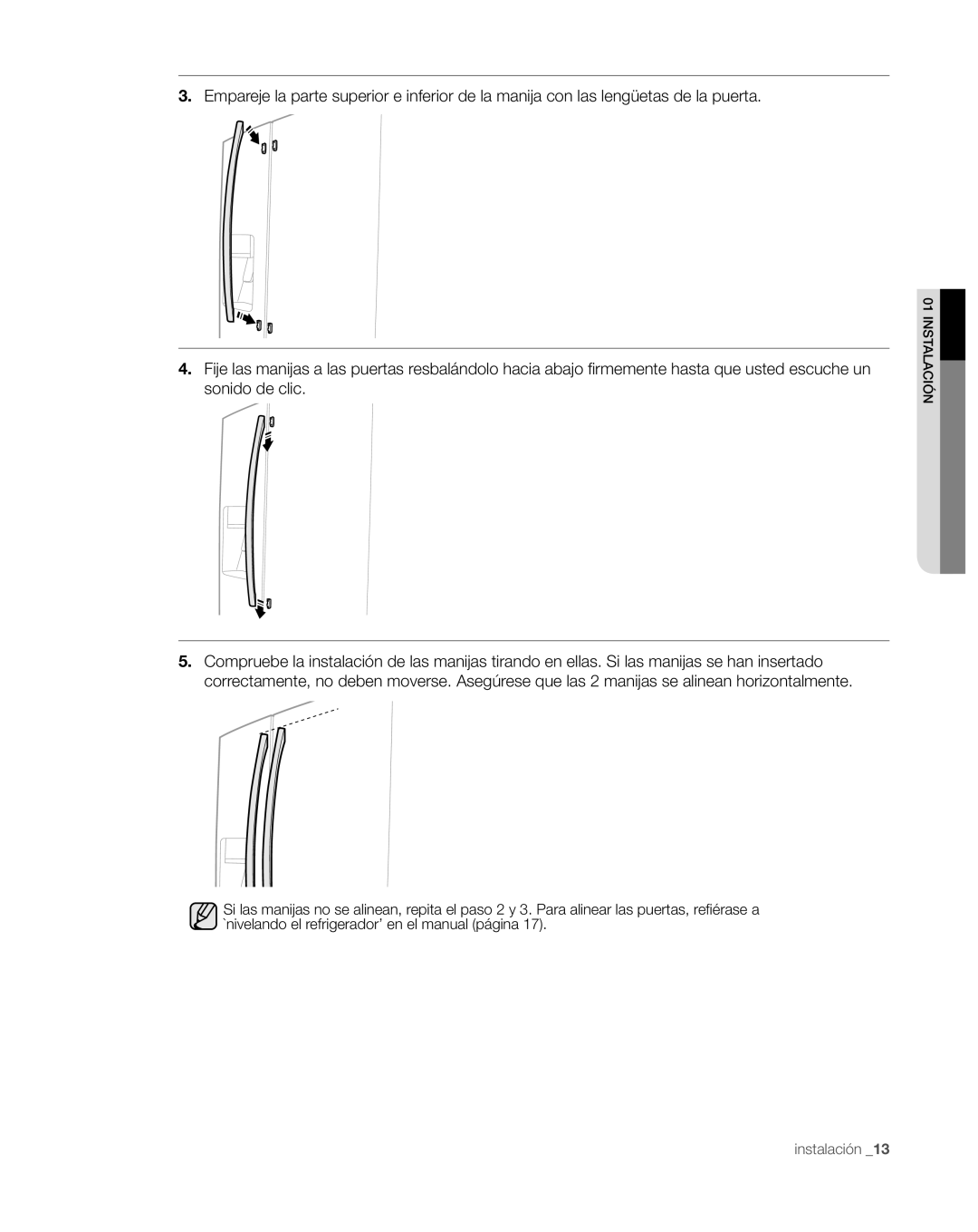 Samsung RS267TDWP, RS265TDWP user manual Empareje la parte superior e inferior de la manija con las lengüetas de la puerta 