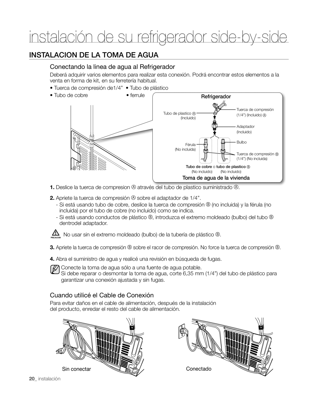 Samsung RS265TDWP, RS267TDWP user manual Instalacion De La Toma De Agua, instalación de su refrigerador side-by-side 