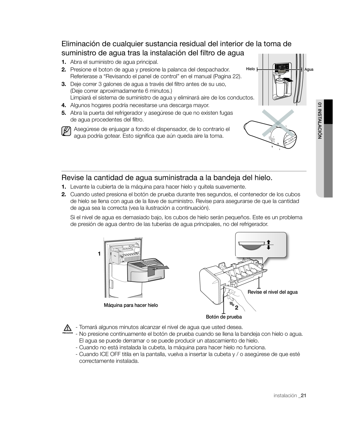 Samsung RS267TDWP, RS265TDWP user manual Revise la cantidad de agua suministrada a la bandeja del hielo 