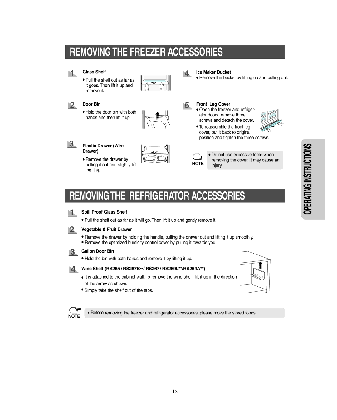 Samsung RS267LBSH owner manual Removing the Freezer Accessories 