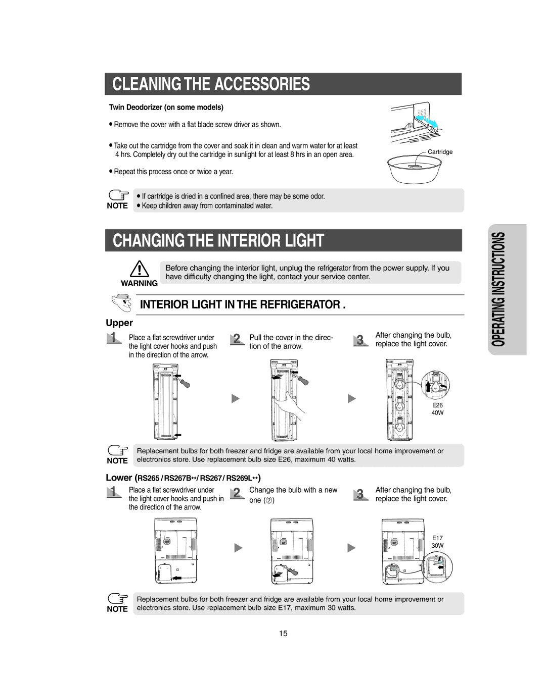 Samsung RS267LBSH owner manual Changing the Interior Light, Twin Deodorizer on some models, One ➁, Direction of the arrow 