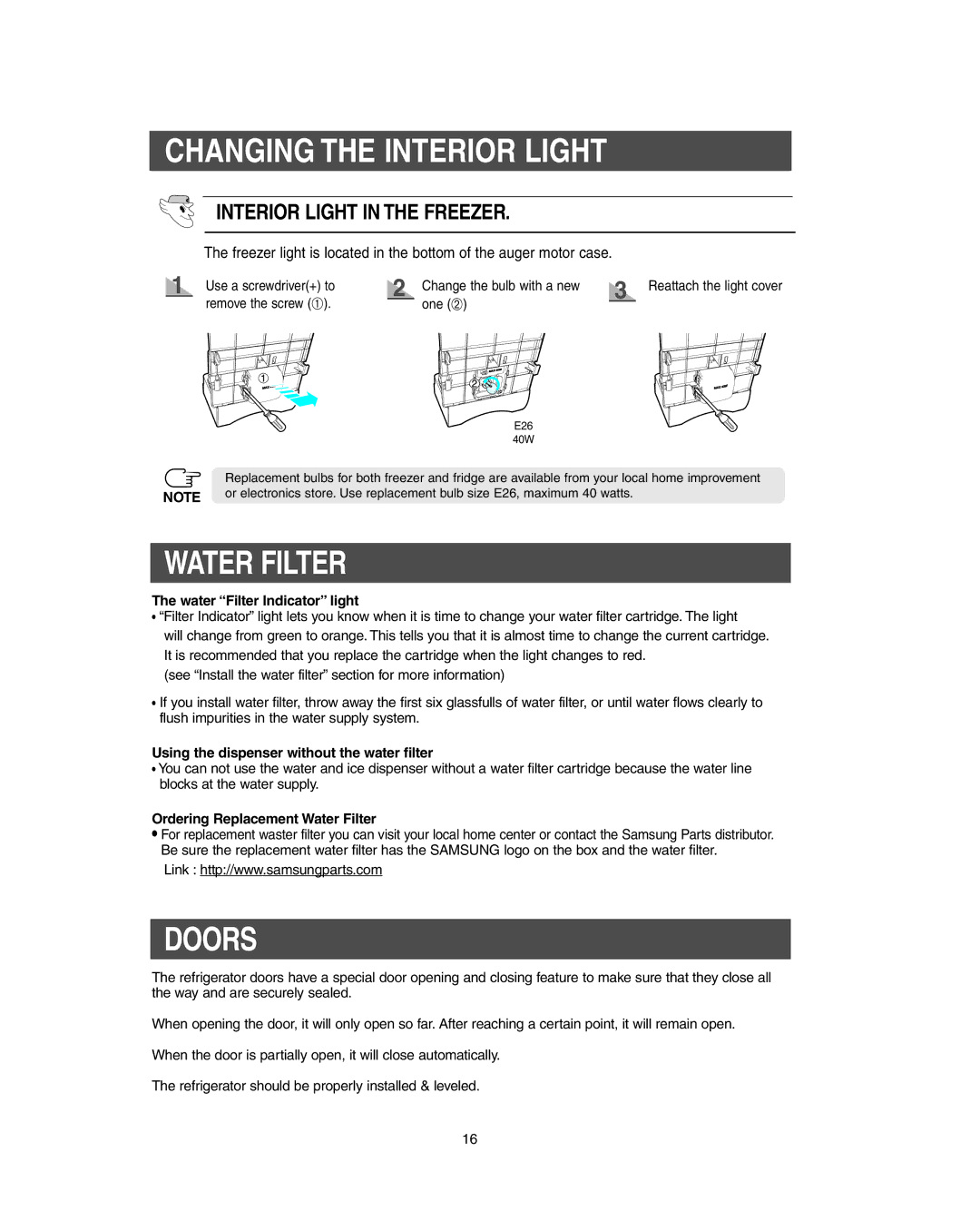 Samsung RS267LBSH owner manual Doors, Water Filter Indicator light, Using the dispenser without the water filter 