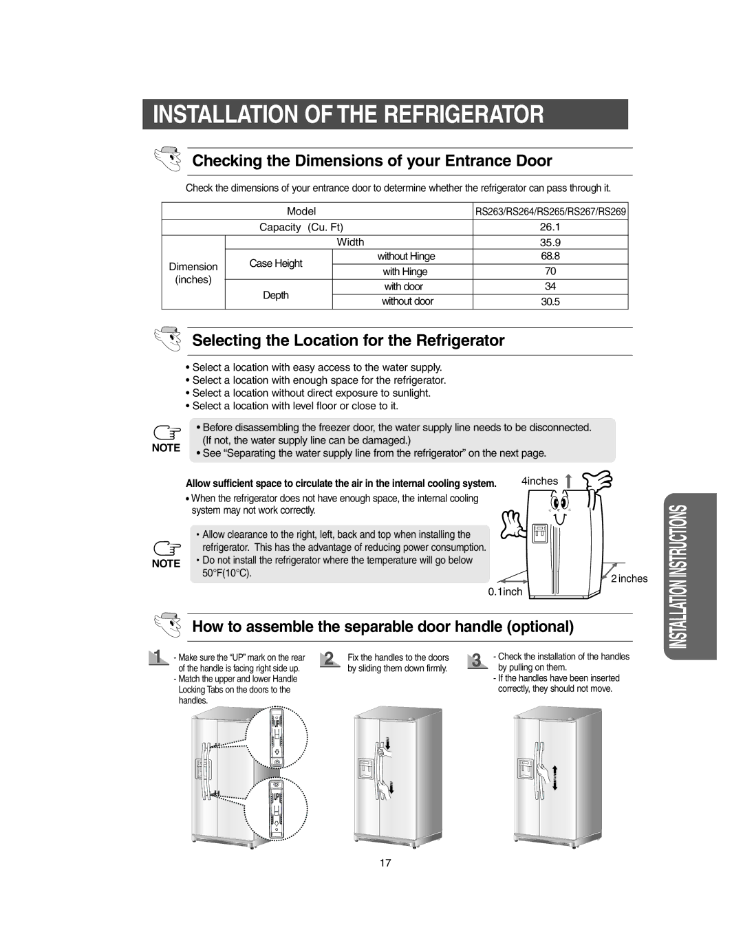 Samsung RS267LBSH owner manual Installation of the Refrigerator, Checking the Dimensions of your Entrance Door 