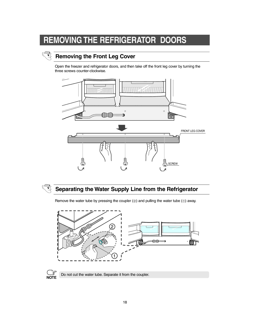 Samsung RS267LBSH owner manual Removing the Refrigerator Doors, Removing the Front Leg Cover 