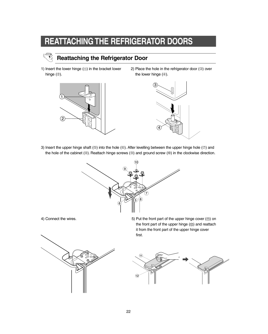 Samsung RS267LBSH owner manual Reattaching the Refrigerator Door, It from the front part of the upper hinge cover, First 