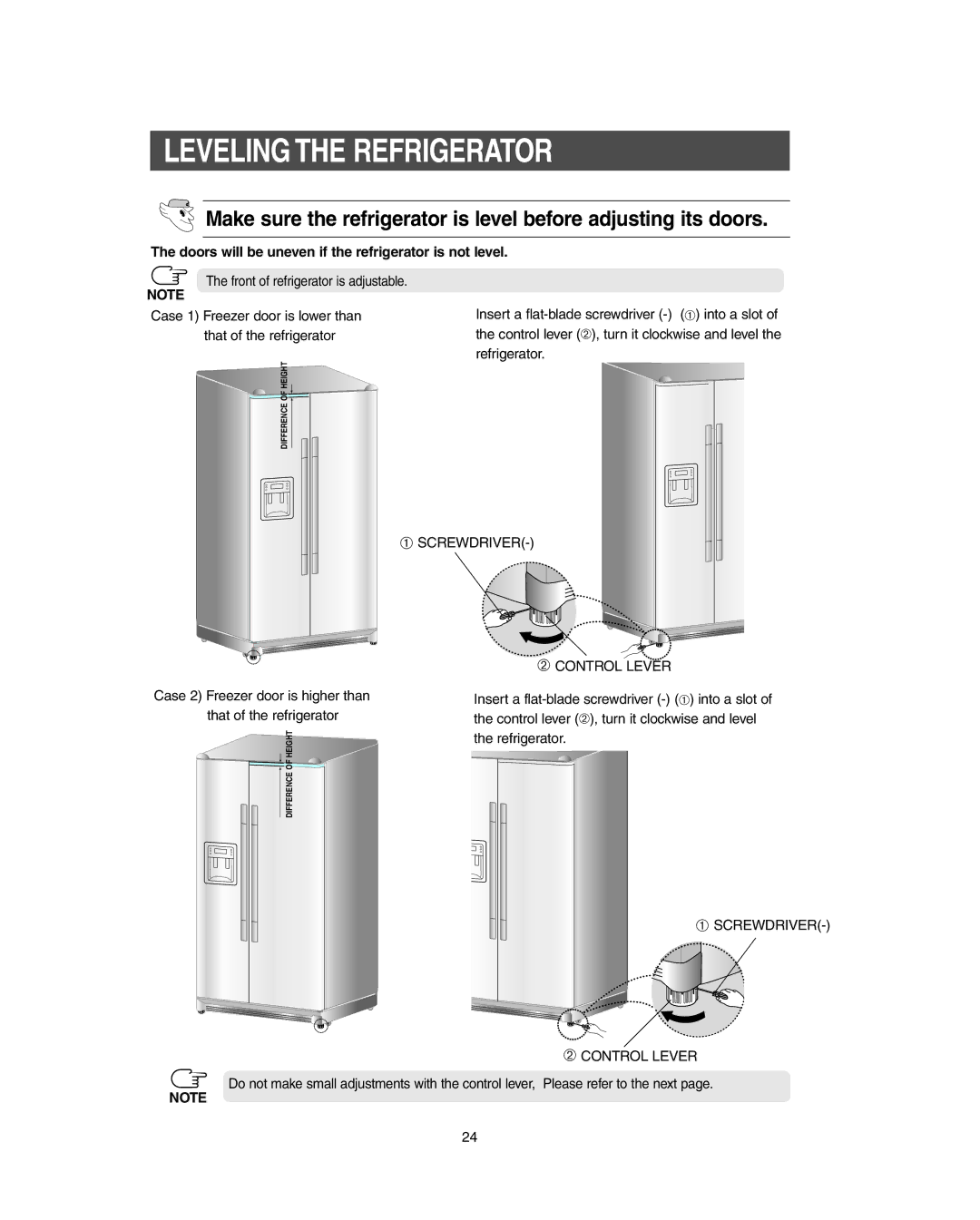 Samsung RS267LBSH owner manual Leveling the Refrigerator, Doors will be uneven if the refrigerator is not level 