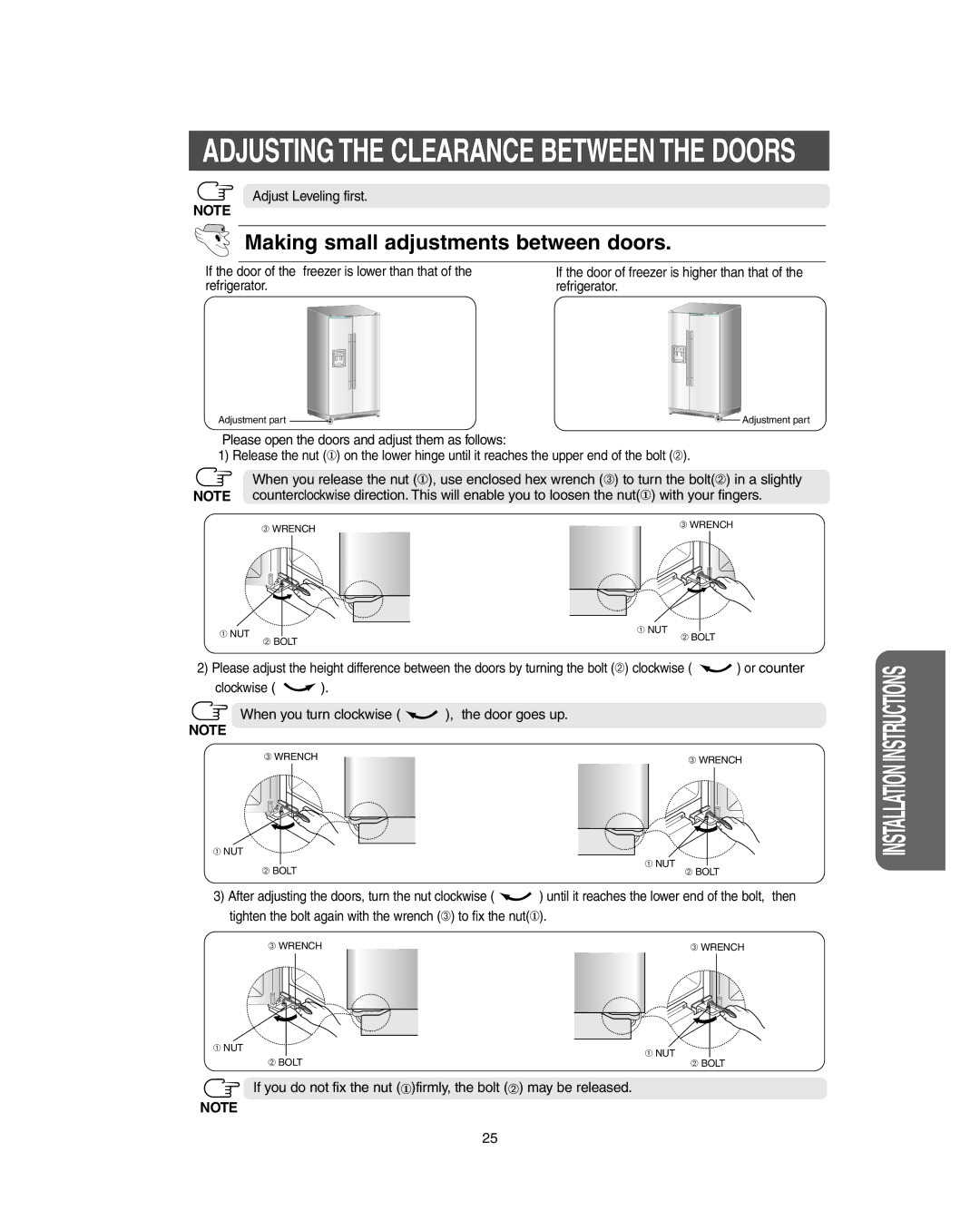 Samsung RS267LBSH owner manual Making small adjustments between doors, Adjust Leveling first, Refrigerator 