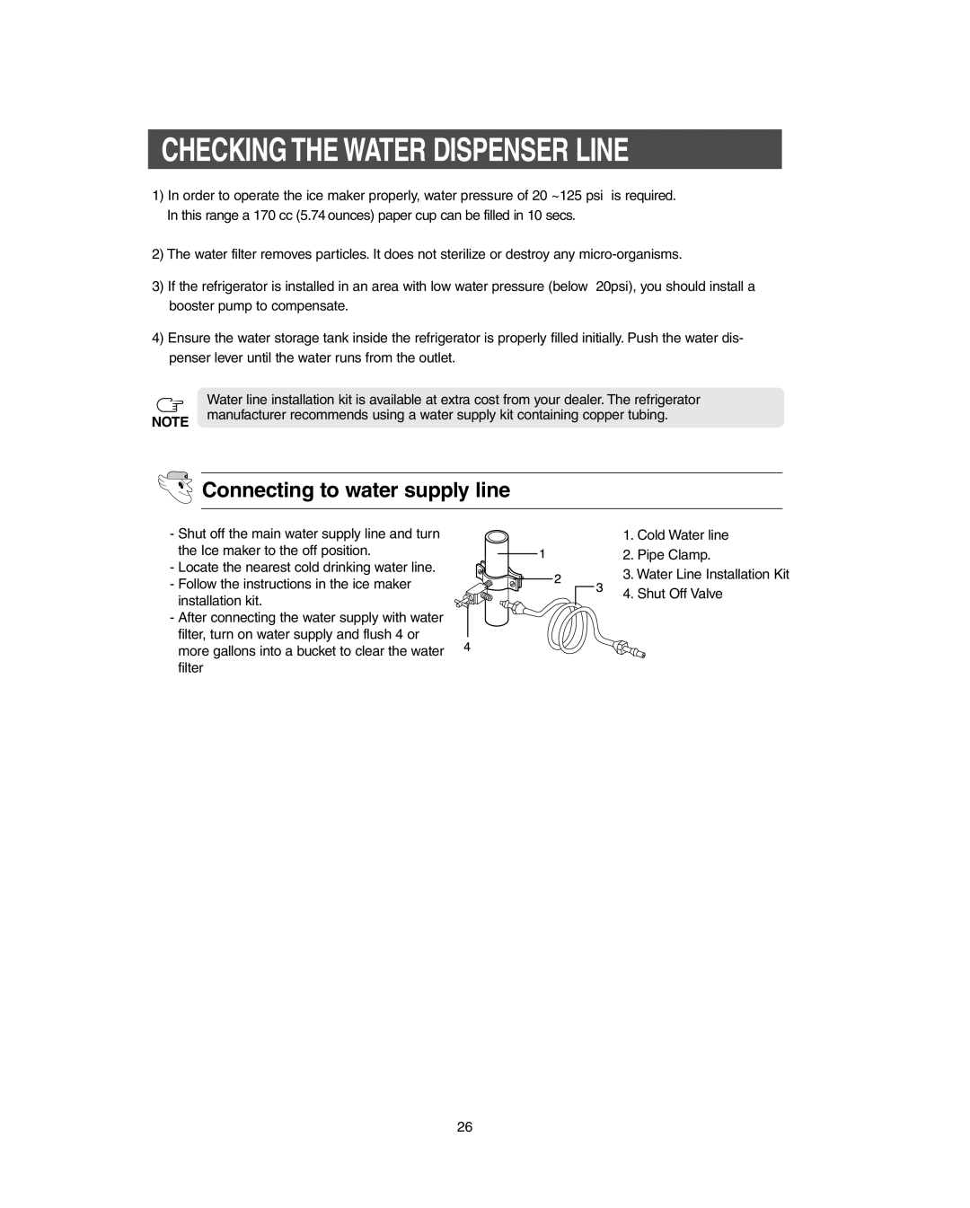 Samsung RS267LBSH owner manual Checking the Water Dispenser Line, Connecting to water supply line 