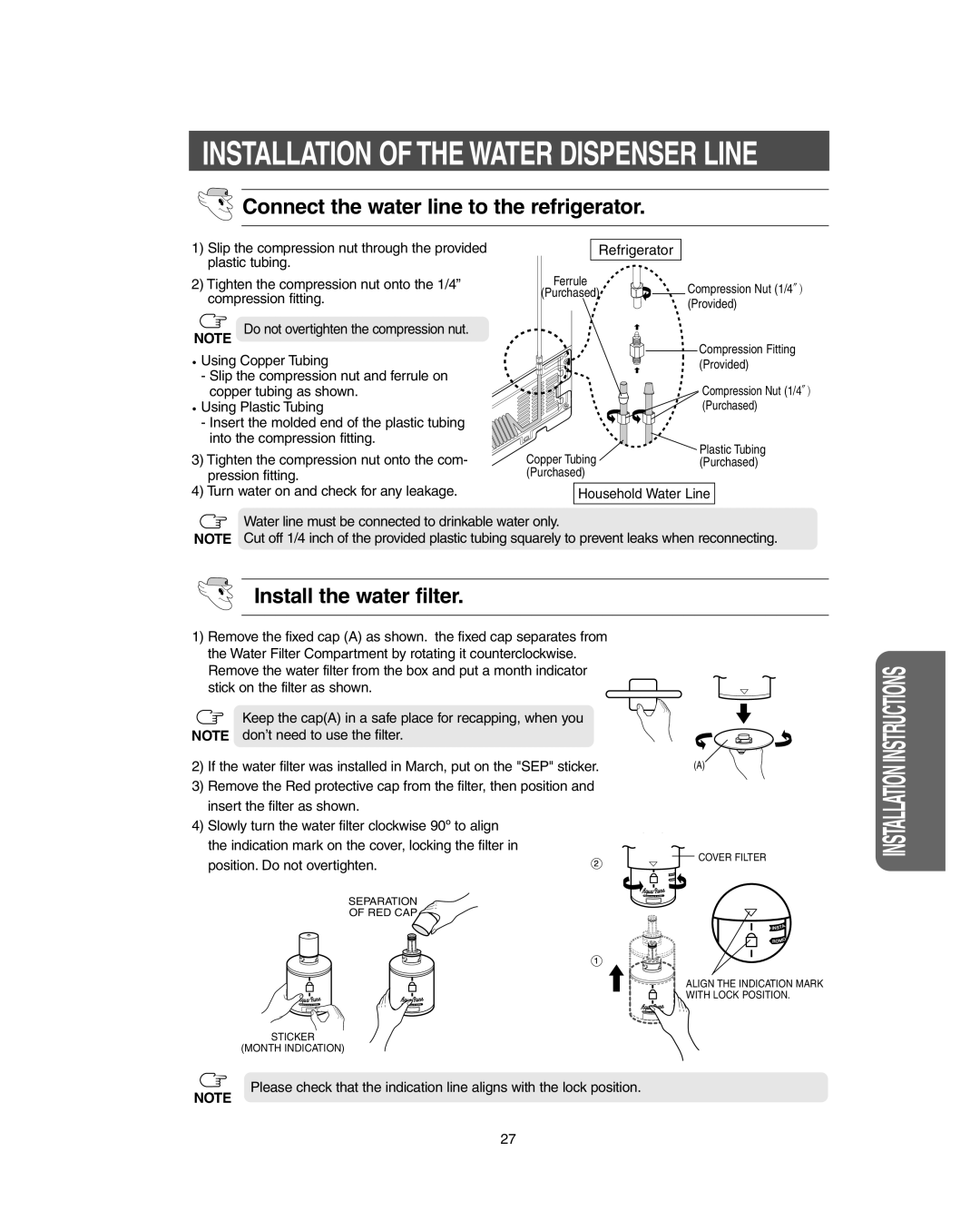 Samsung RS267LBSH Connect the water line to the refrigerator, Install the water filter, Position. Do not overtighten 