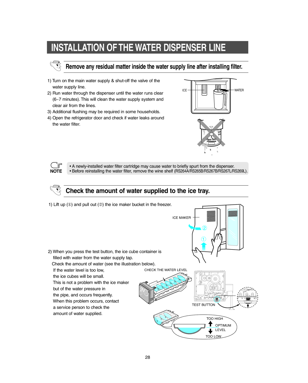 Samsung RS267LBSH owner manual Installation of the Water Dispenser Line, Check the amount of water supplied to the ice tray 