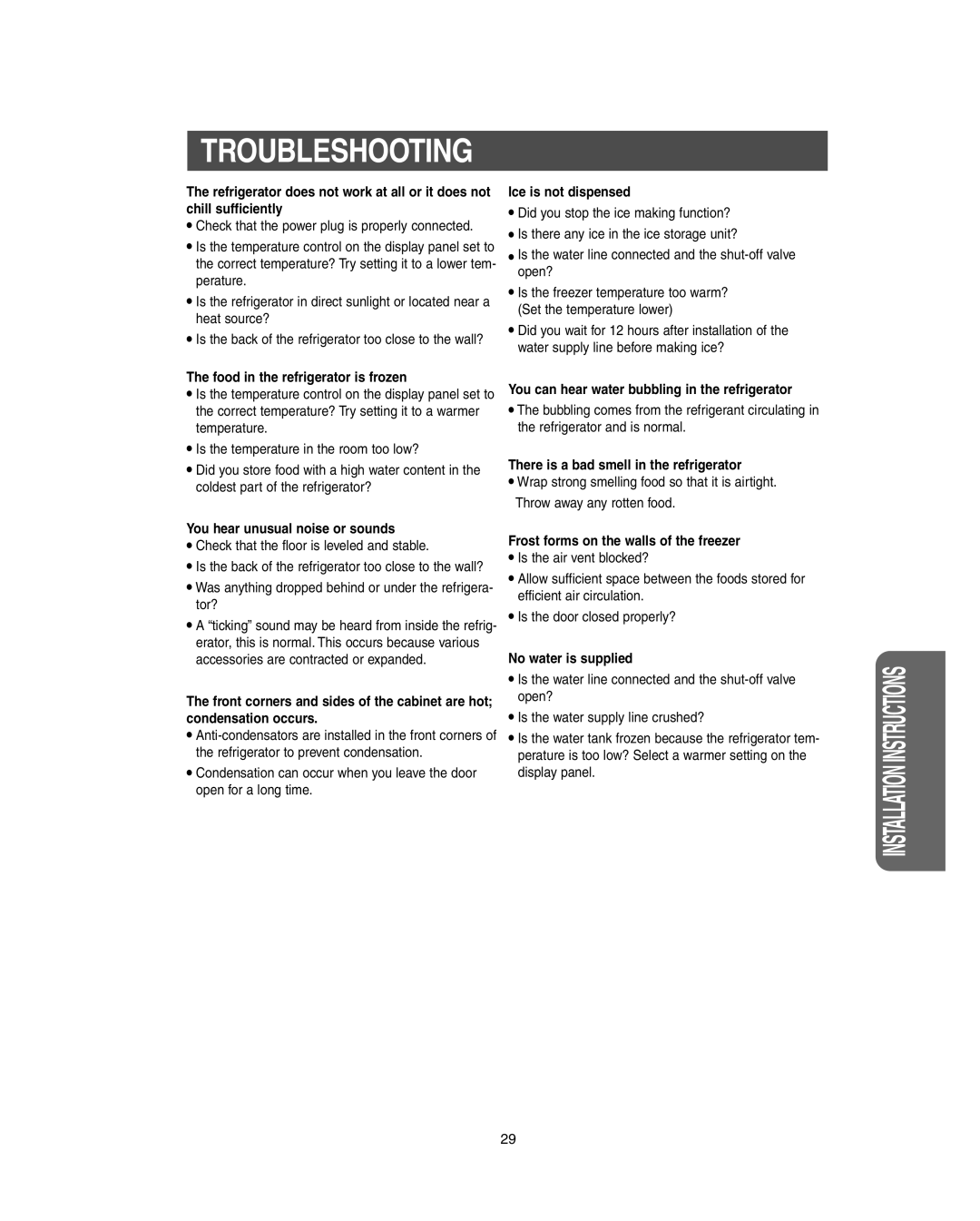 Samsung RS267LBSH owner manual Troubleshooting 