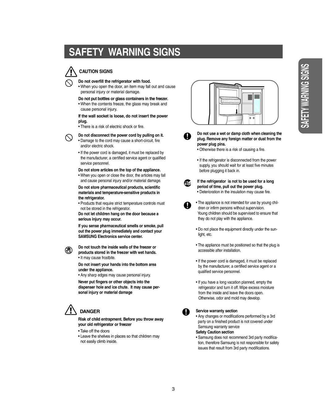 Samsung RS267LBSH owner manual Safety Warning Signs 