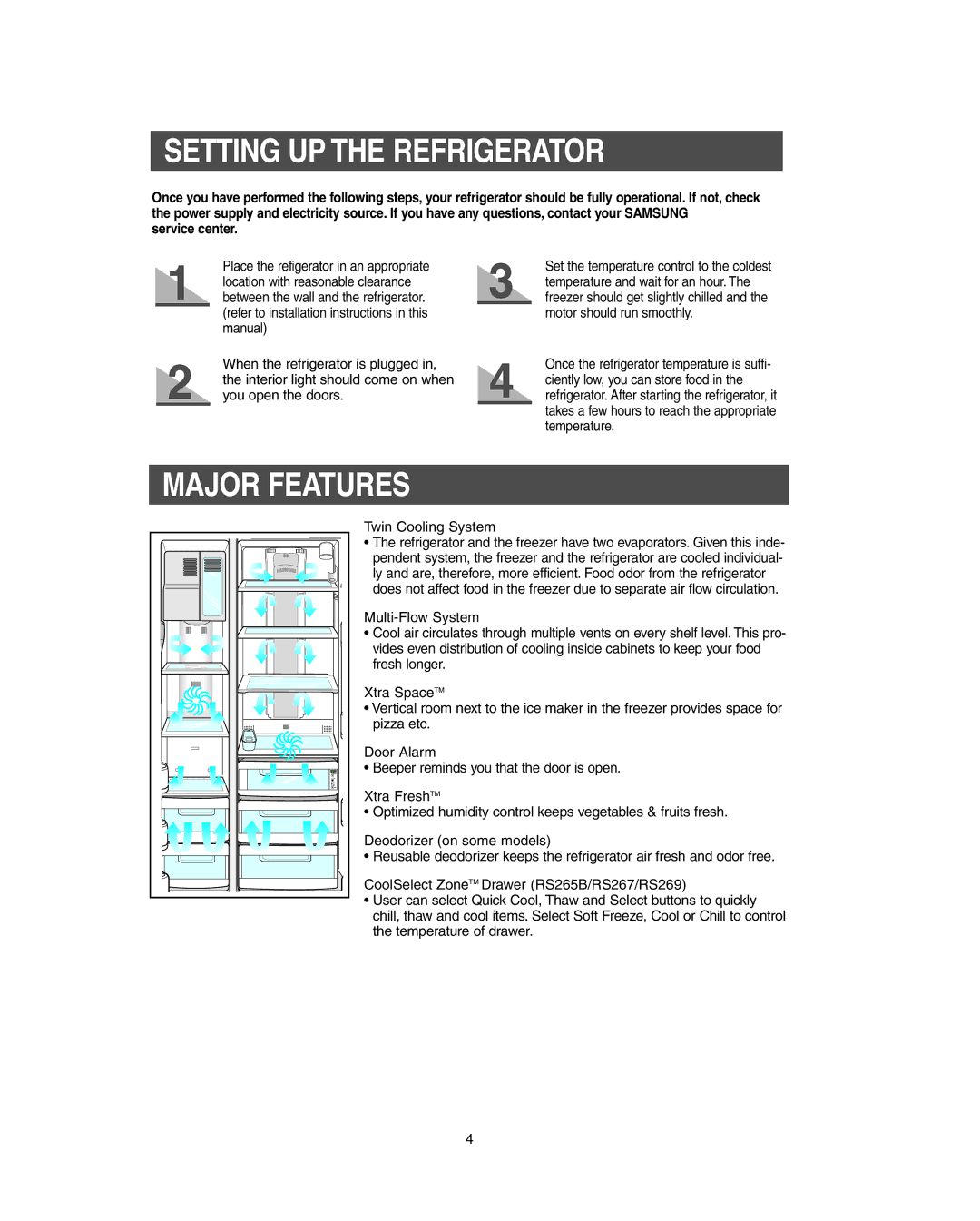 Samsung RS267LBSH owner manual Setting UP the Refrigerator, Major Features, Service center, Twin Cooling System 