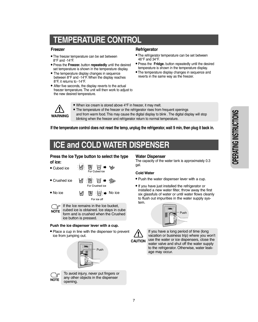 Samsung RS267LBSH owner manual Temperature Control, Cold Water, Push the ice dispenser lever with a cup 