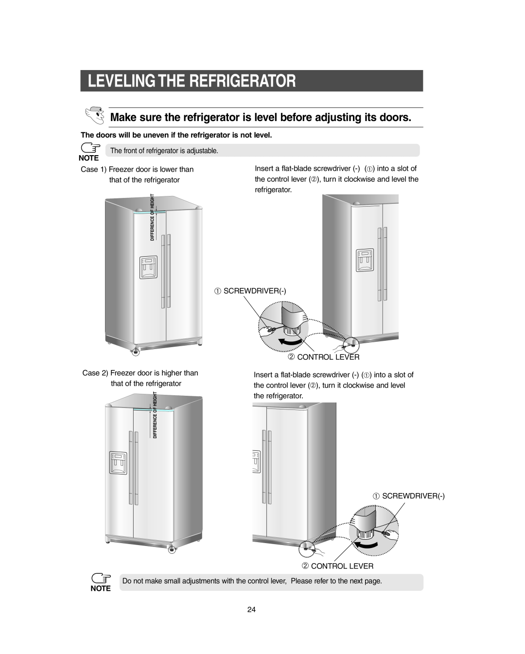 Samsung RS267LBSH owner manual Leveling The Refrigerator 