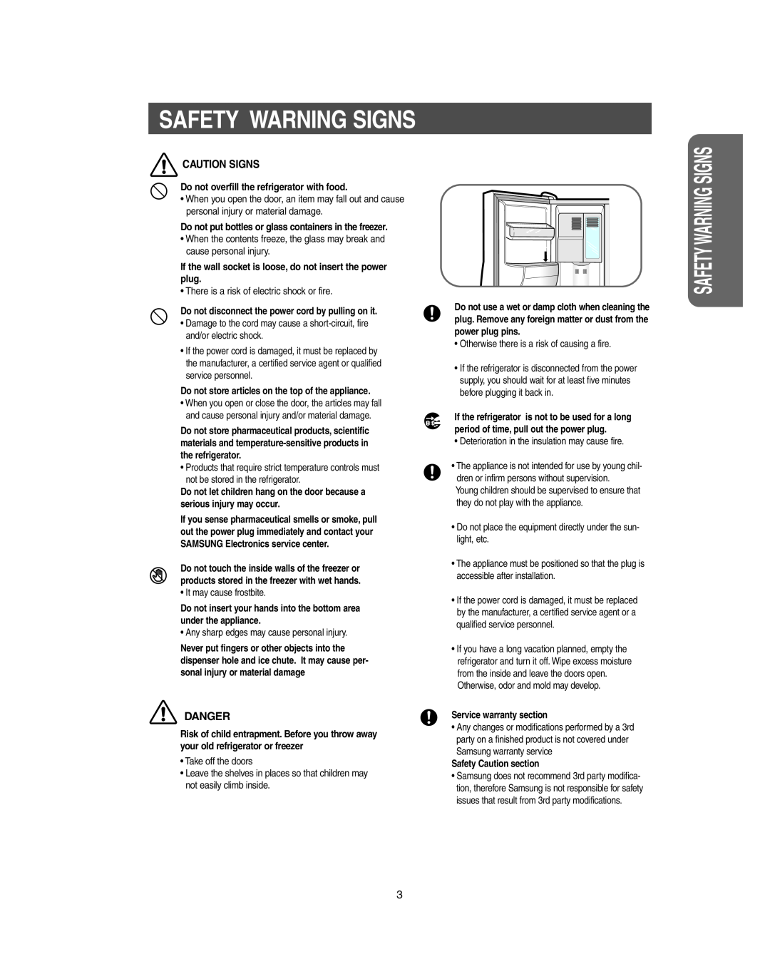 Samsung RS267LBSH owner manual Caution Signs, Danger, Safety Warning Signs, Do not overfill the refrigerator with food 