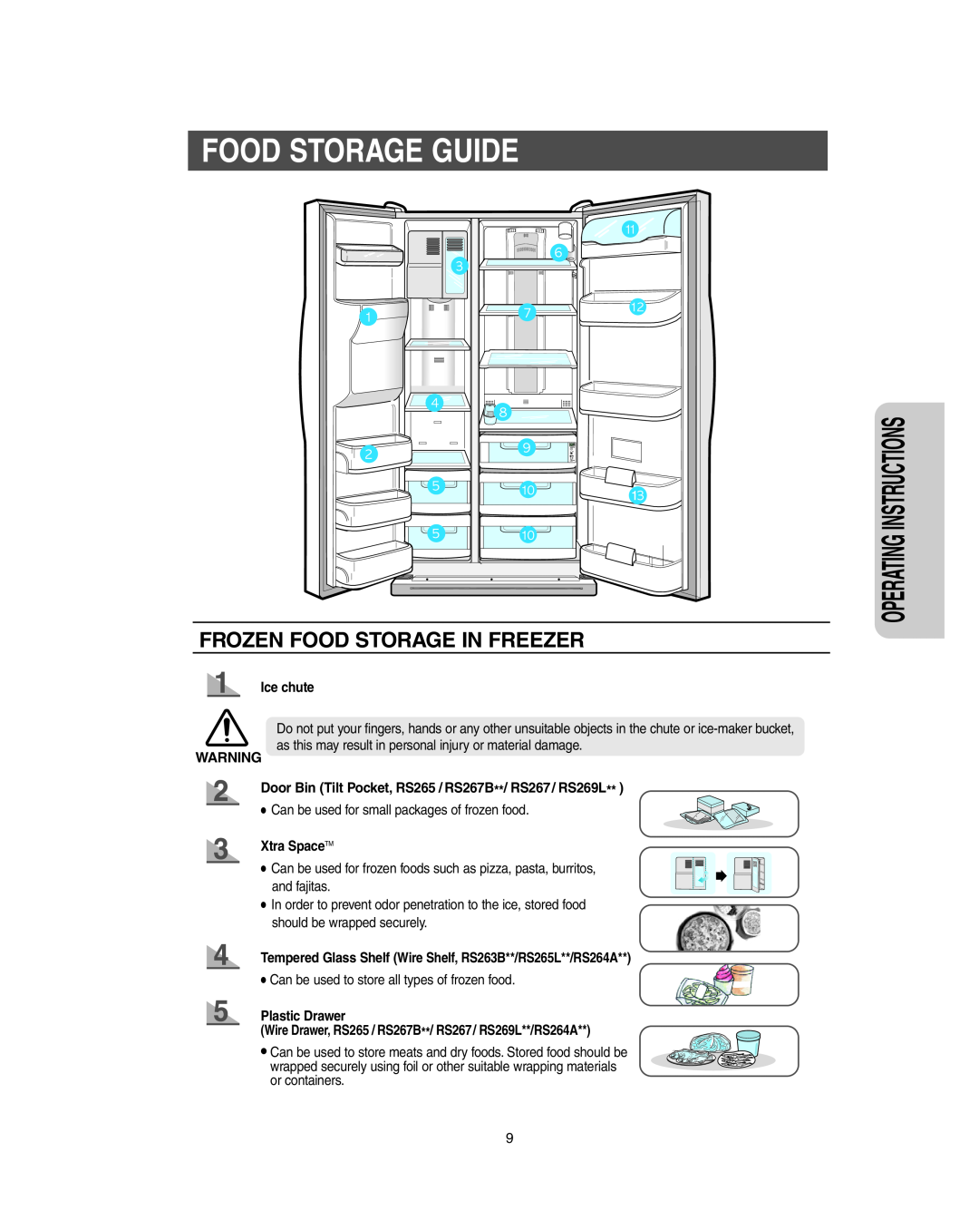 Samsung RS267LBSH owner manual Food Storage Guide, Frozen Food Storage In Freezer, Ice chute, Xtra SpaceTM, Plastic Drawer 