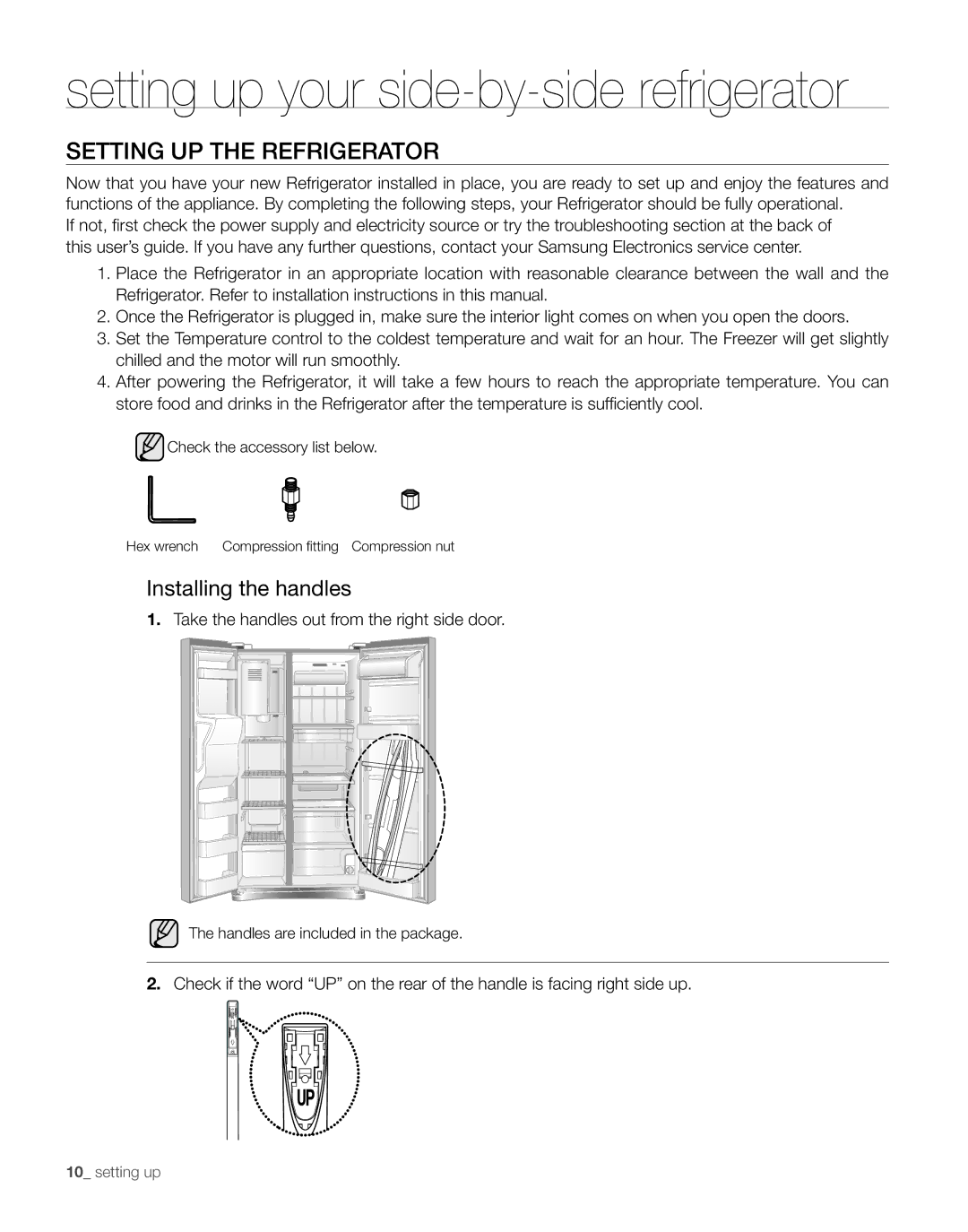 Samsung RS267TDBP user manual Setting UP the refrigerator, Installing the handles 