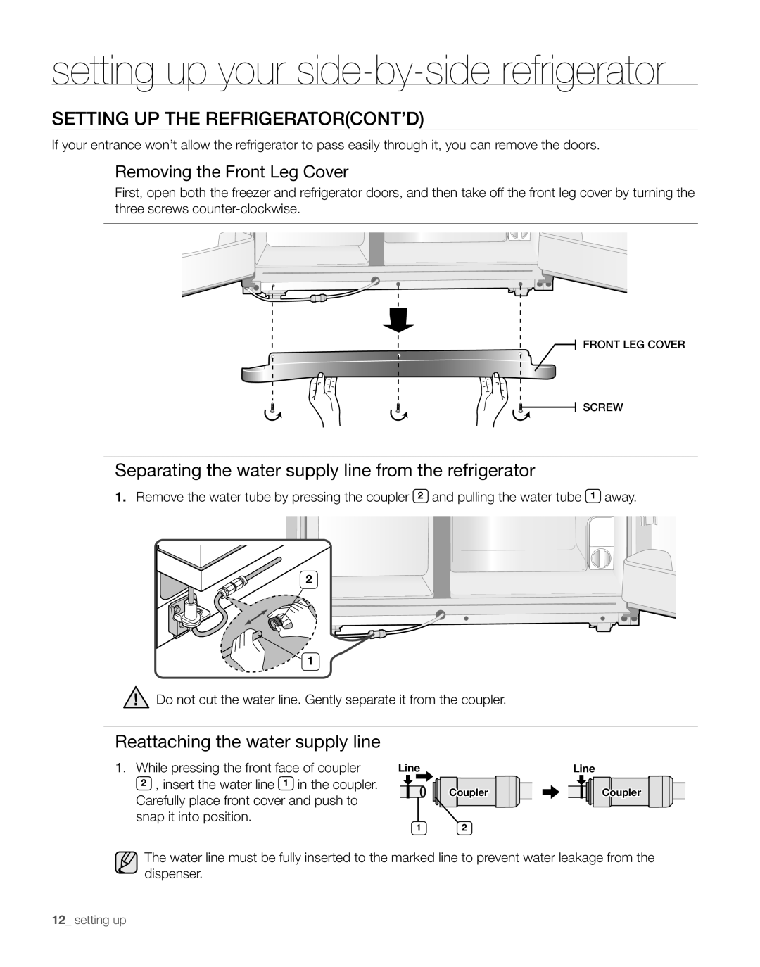 Samsung RS267TDBP user manual Setting UP the refrigeratorCONT’D, Separating the water supply line from the refrigerator 