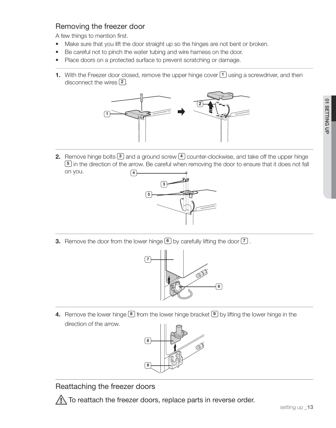 Samsung RS267TDBP user manual Removing the freezer door, Reattaching the freezer doors, On you 