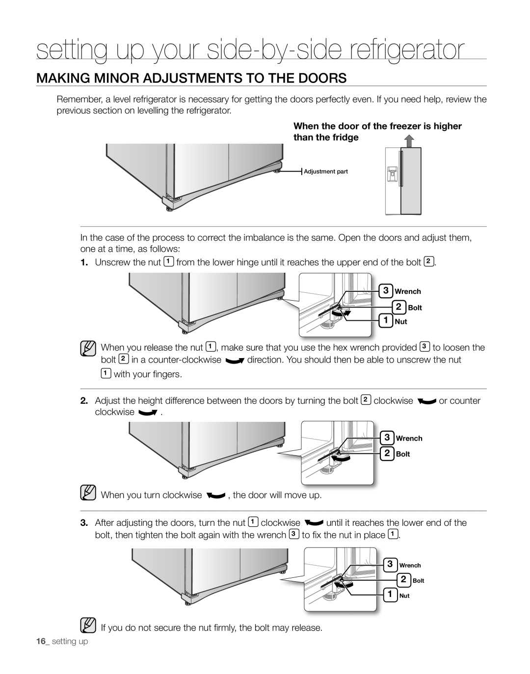 Samsung RS267TDBP user manual Making mInor adjustments to the doors, When the door of the freezer is higher than the fridge 