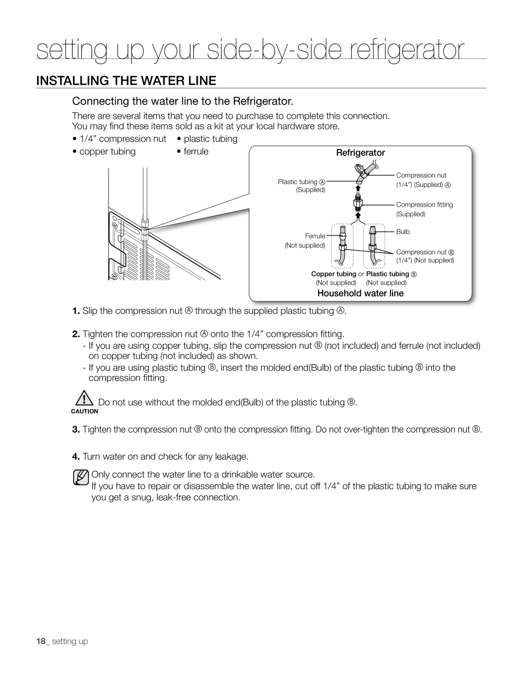 Samsung RS267TDBP user manual InstALLinG tHE wAtER LinE, Connecting the water line to the Refrigerator 