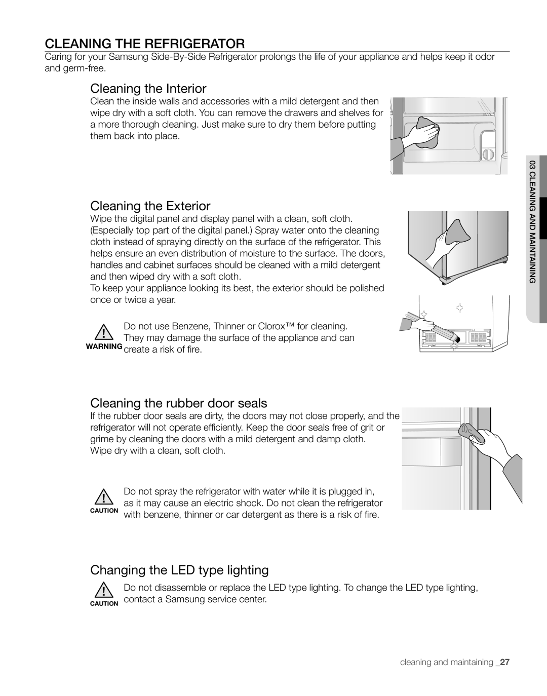 Samsung RS267TDBP user manual Cleaning the Interior, Cleaning the Exterior, Cleaning the rubber door seals 