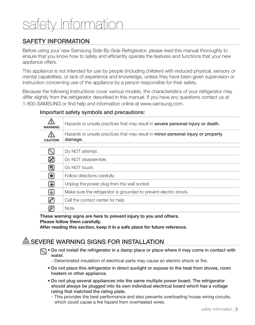 Samsung RS267TDBP user manual Safety Information 