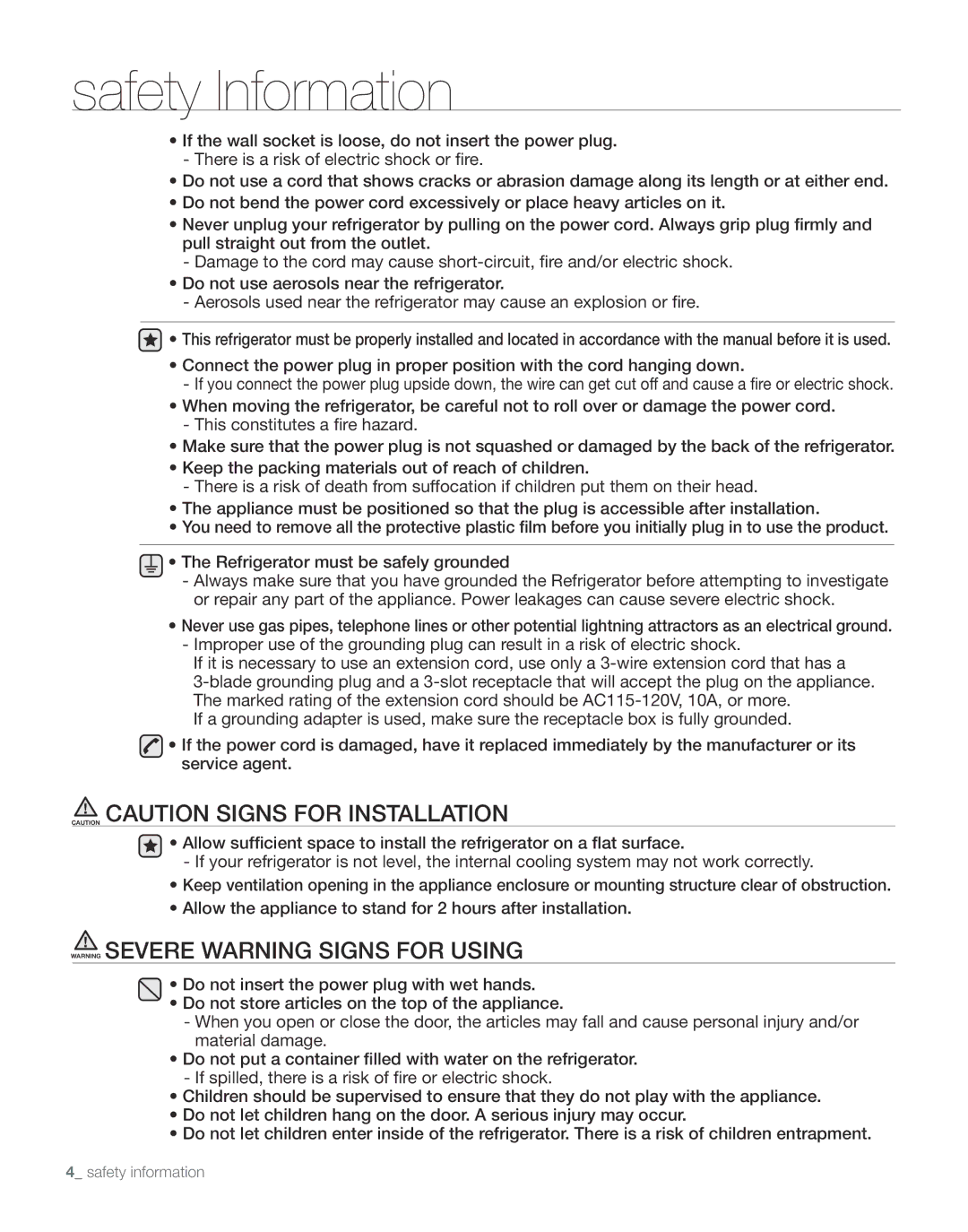 Samsung RS267TDBP user manual Safety Information 