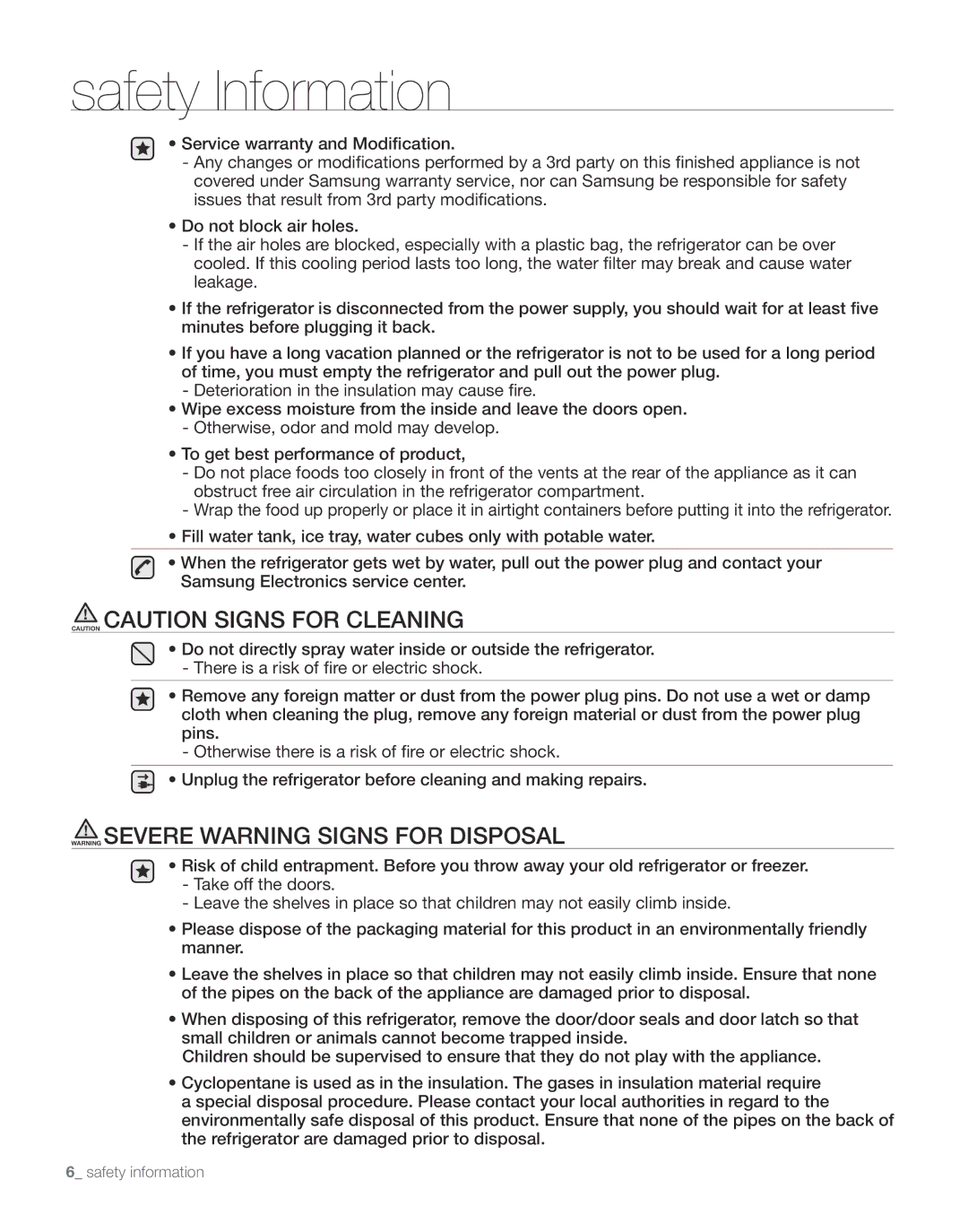 Samsung RS267TDBP user manual Safety Information 