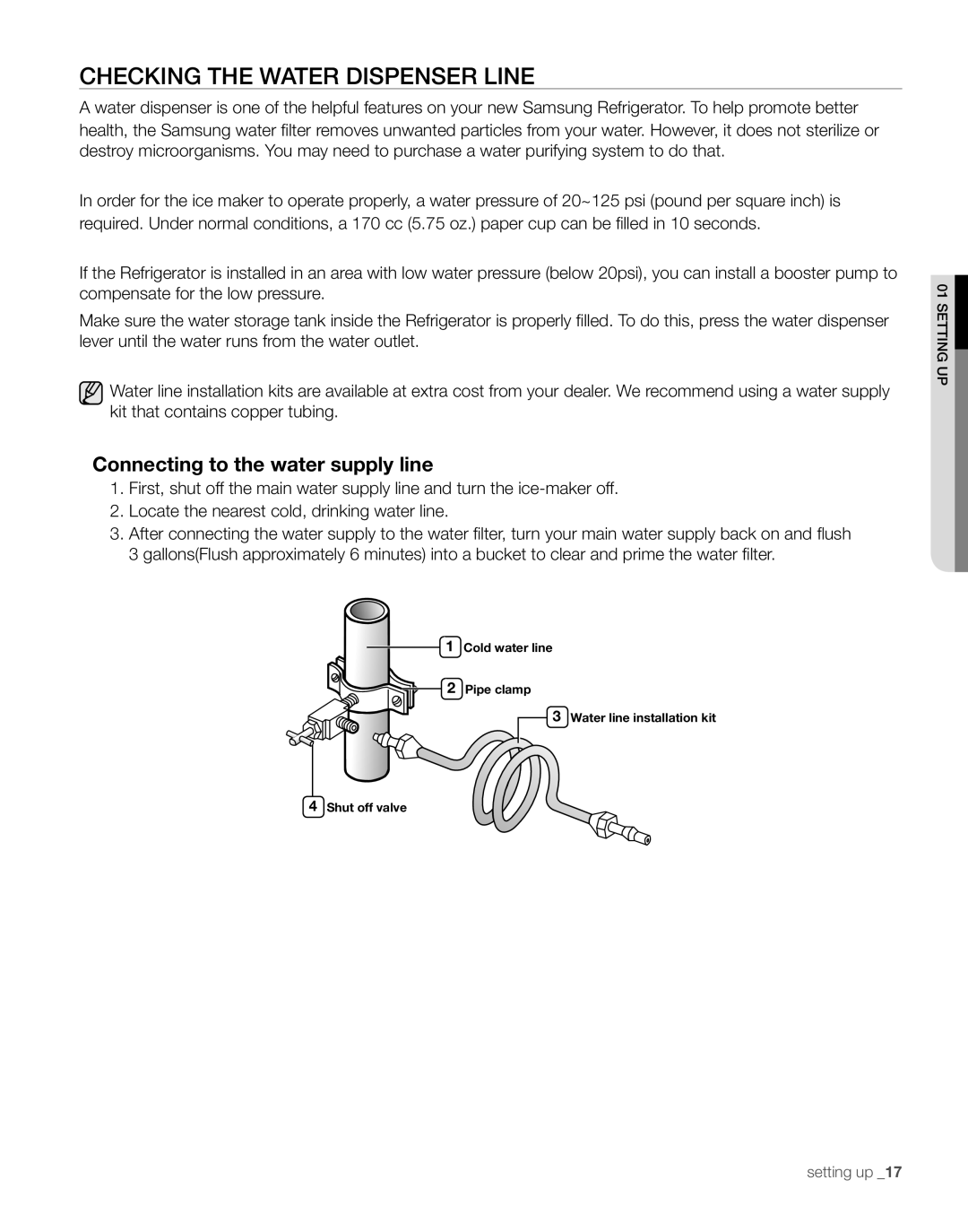 Samsung RS267TDBP user manual CHECKinG tHE wAtER DisPEnsER LinE, Connecting to the water supply line 