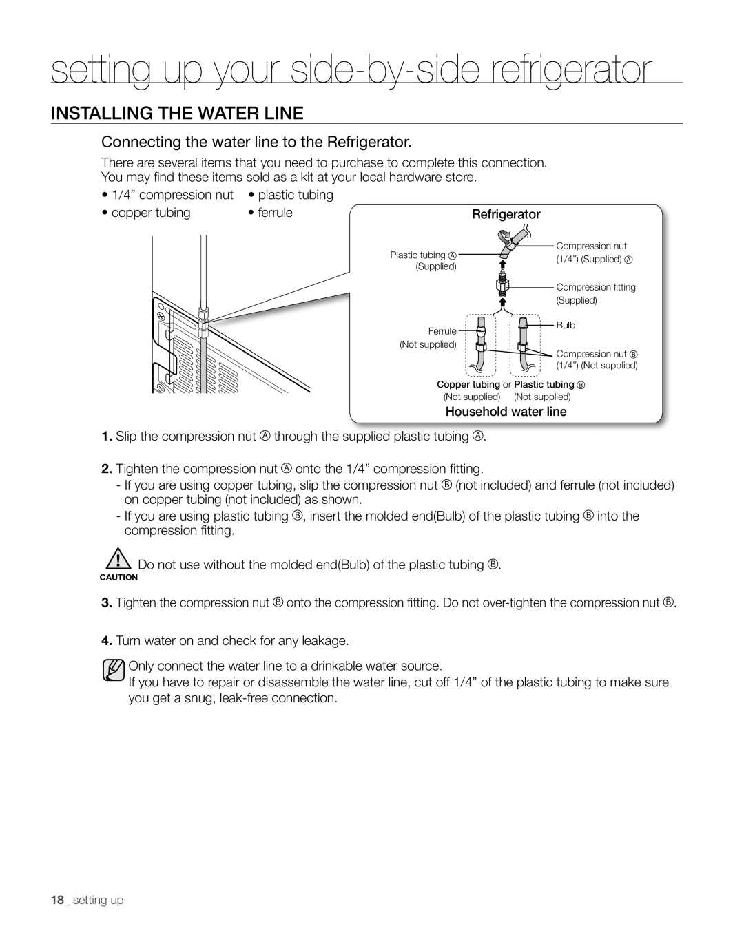 Samsung RS267TDBP user manual instALLinG tHE wAtER LinE, setting up your side-by-side refrigerator 