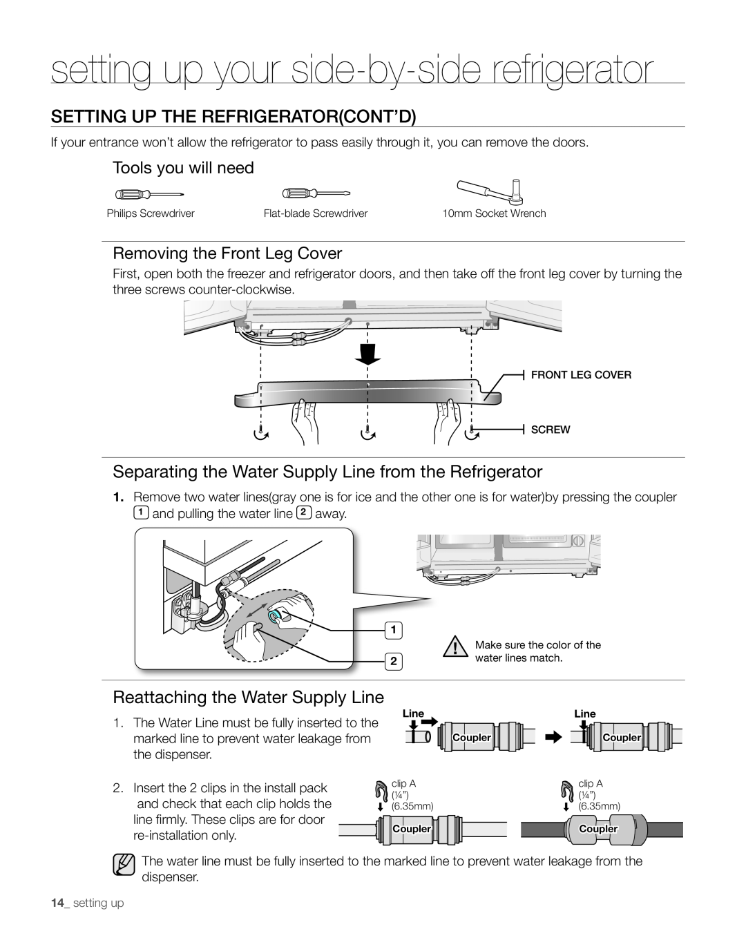 Samsung RS267TDPN user manual Setting Up The Refrigeratorcont’D, Separating the Water Supply Line from the Refrigerator 