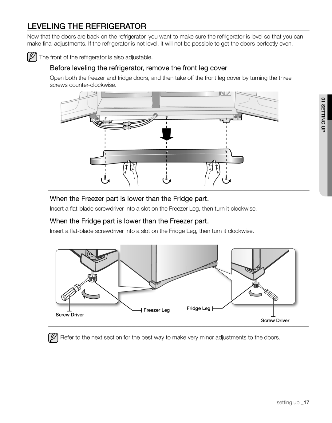 Samsung RS267TDPN user manual Leveling The Refrigerator, Before leveling the refrigerator, remove the front leg cover 