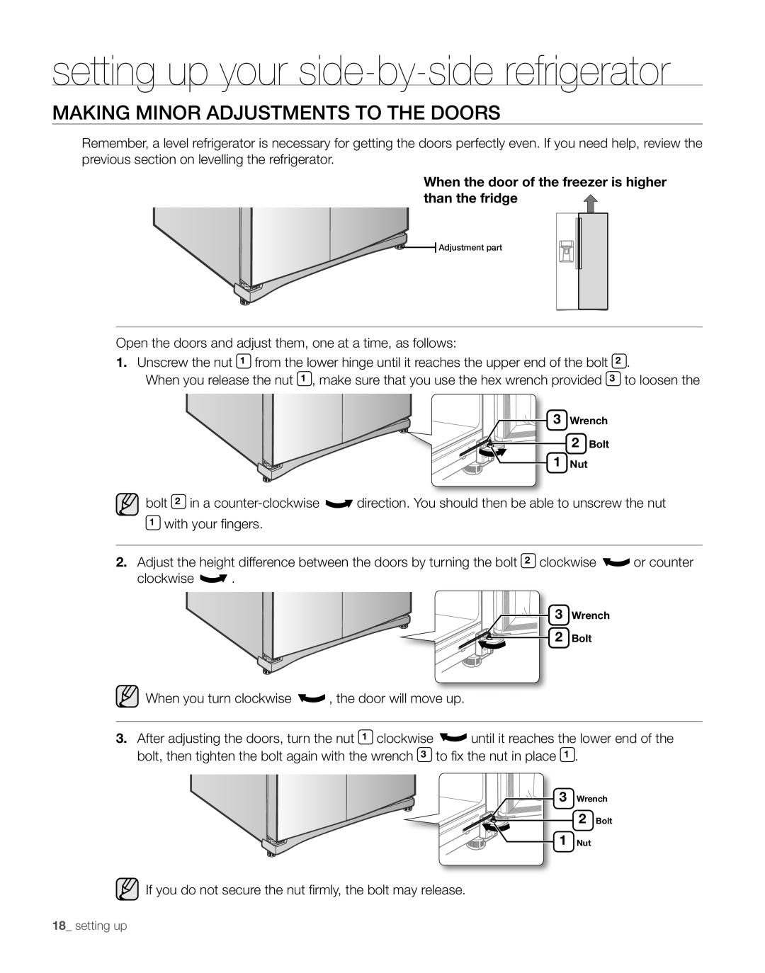 Samsung RS267TDPN user manual Making Minor Adjustments To The Doors, setting up your side-by-side refrigerator 