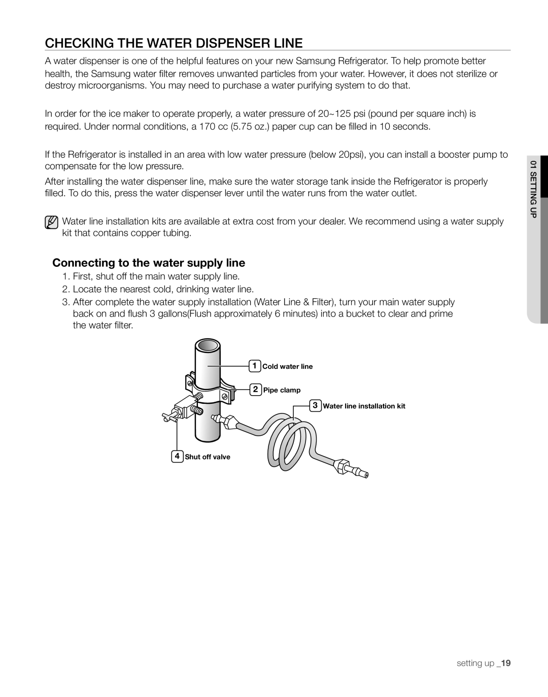 Samsung RS267TDPN user manual Checking The Water Dispenser Line, Connecting to the water supply line 