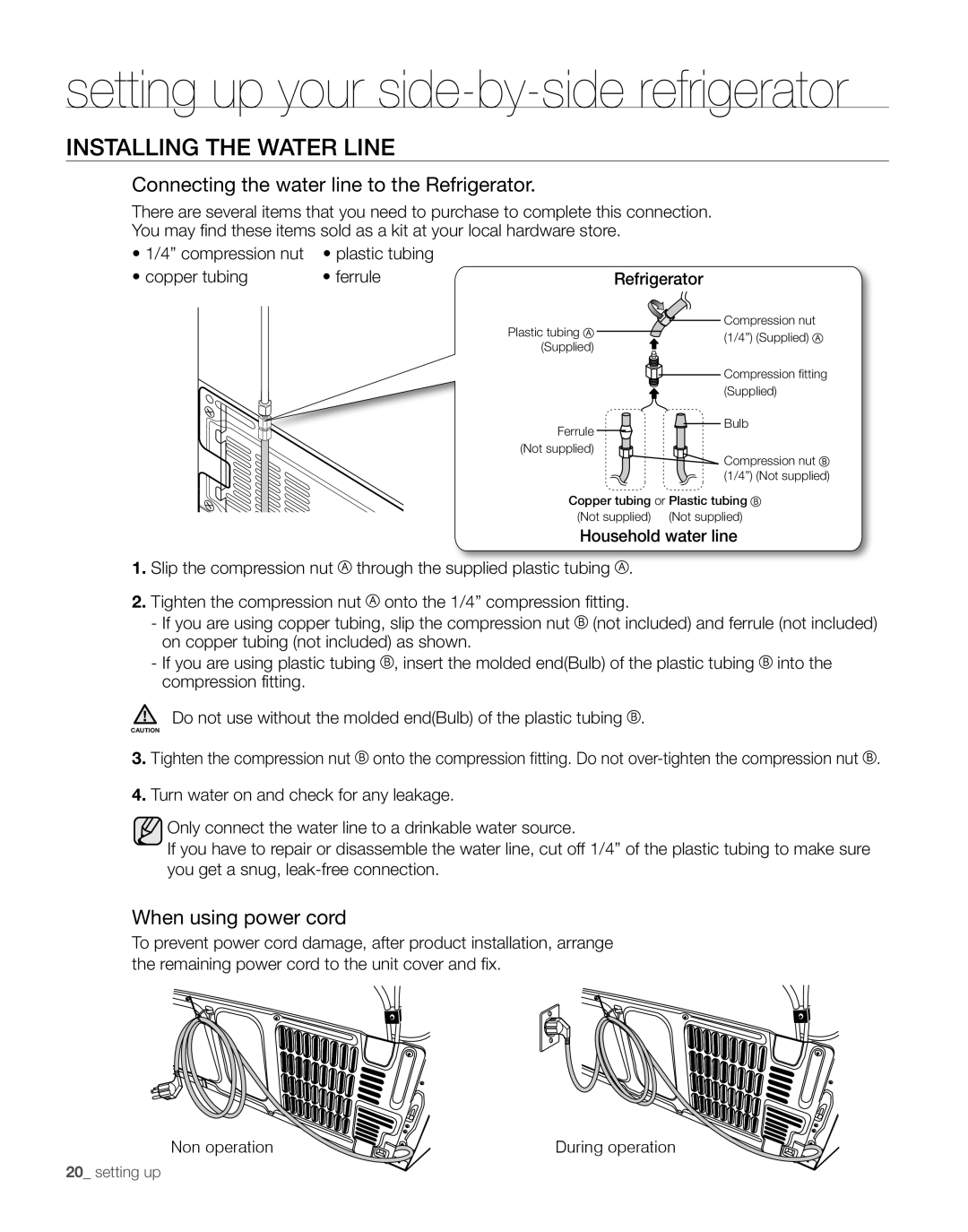 Samsung RS267TDPN user manual Installing The Water Line, setting up your side-by-side refrigerator, When using power cord 