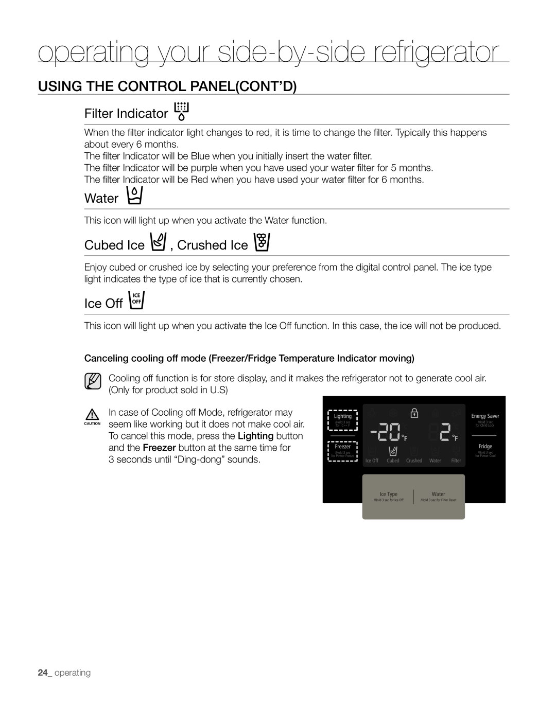 Samsung RS267TDPN user manual Using The Control Panelcont’D, Filter Indicator, Water, Cubed Ice , Crushed Ice, Ice Off 