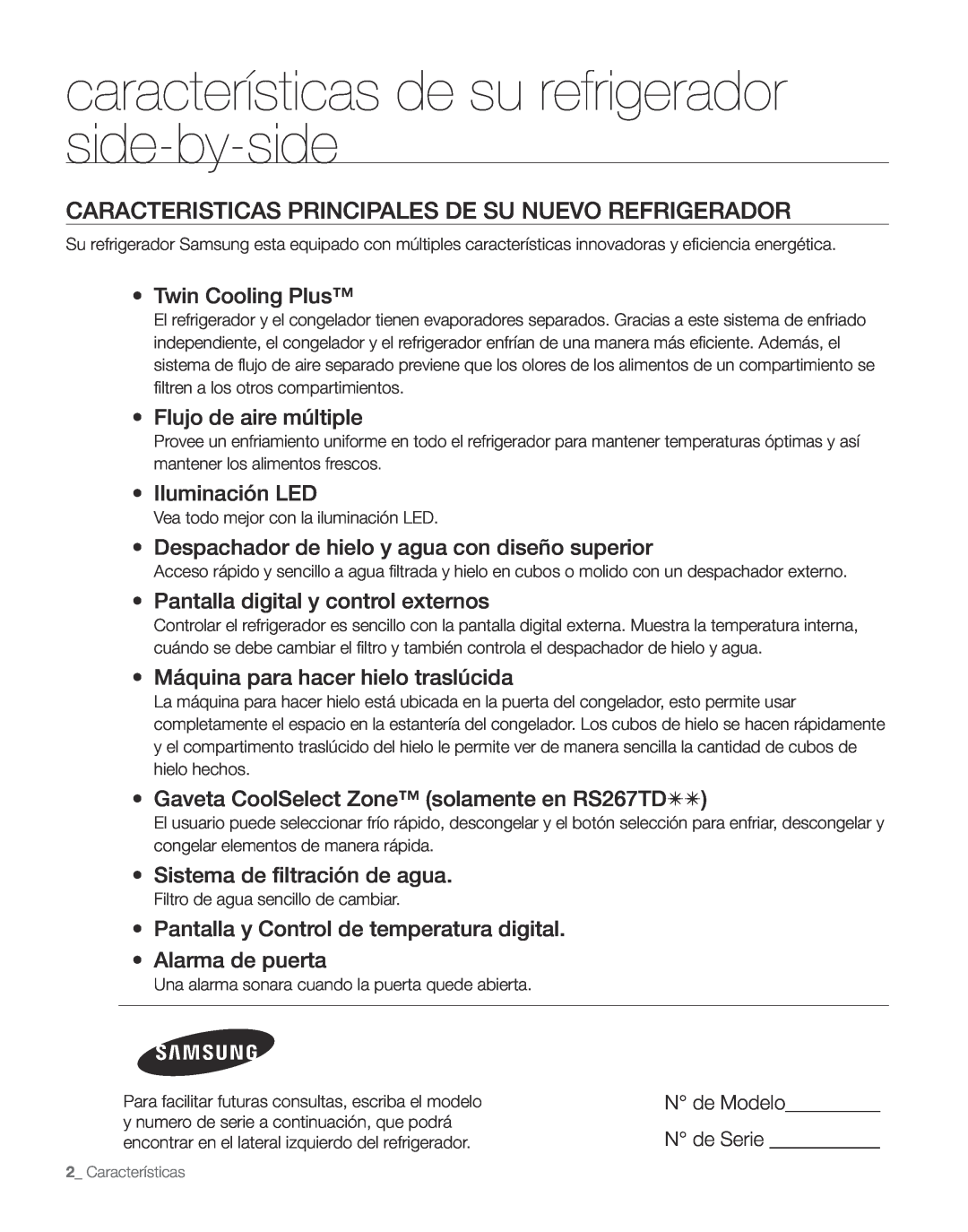 Samsung RS267TDPN características de su refrigerador side-by-side, Caracteristicas Principales De Su Nuevo Refrigerador 