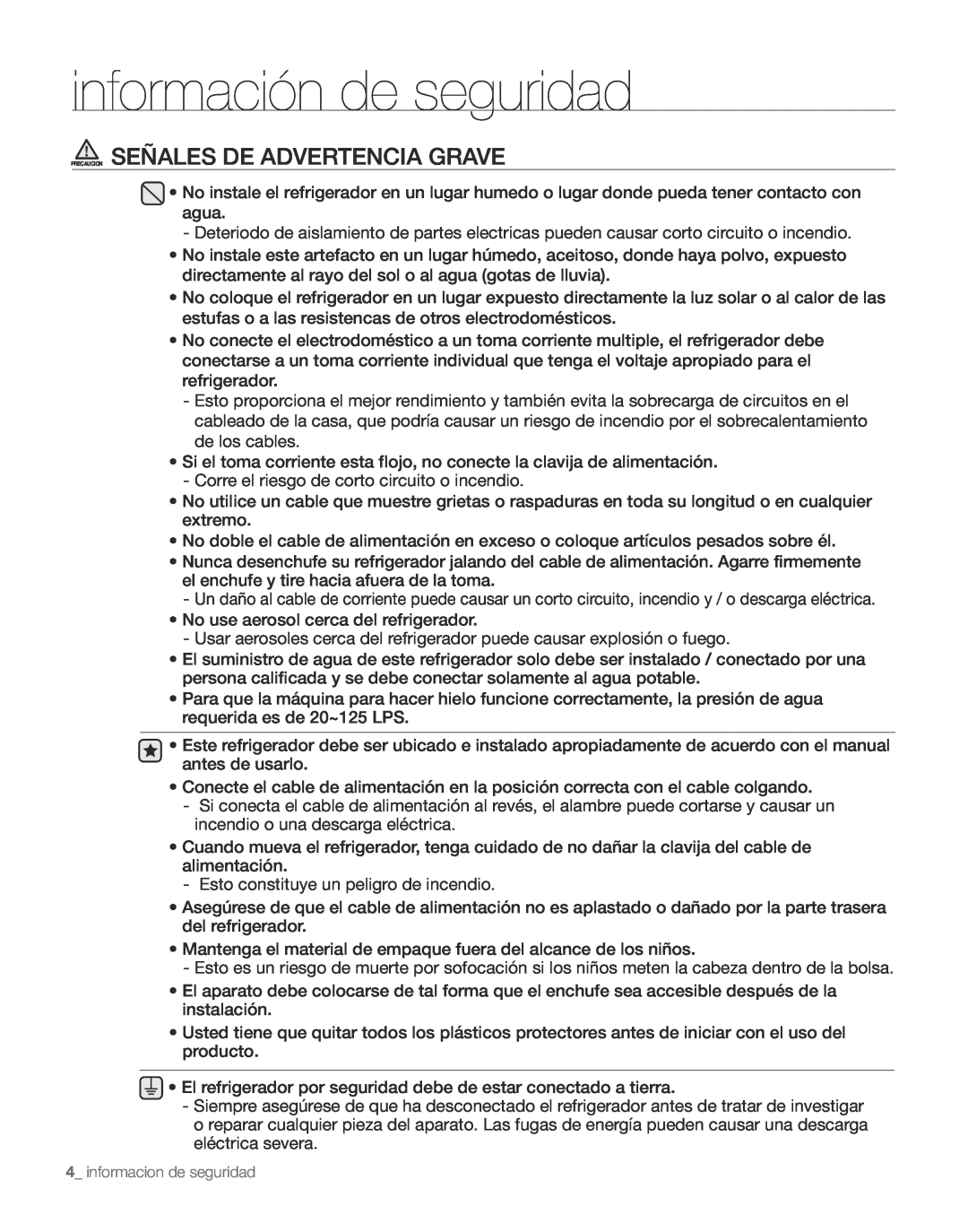 Samsung RS267TDPN user manual Precaucion Señales De Advertencia Grave, información de seguridad 