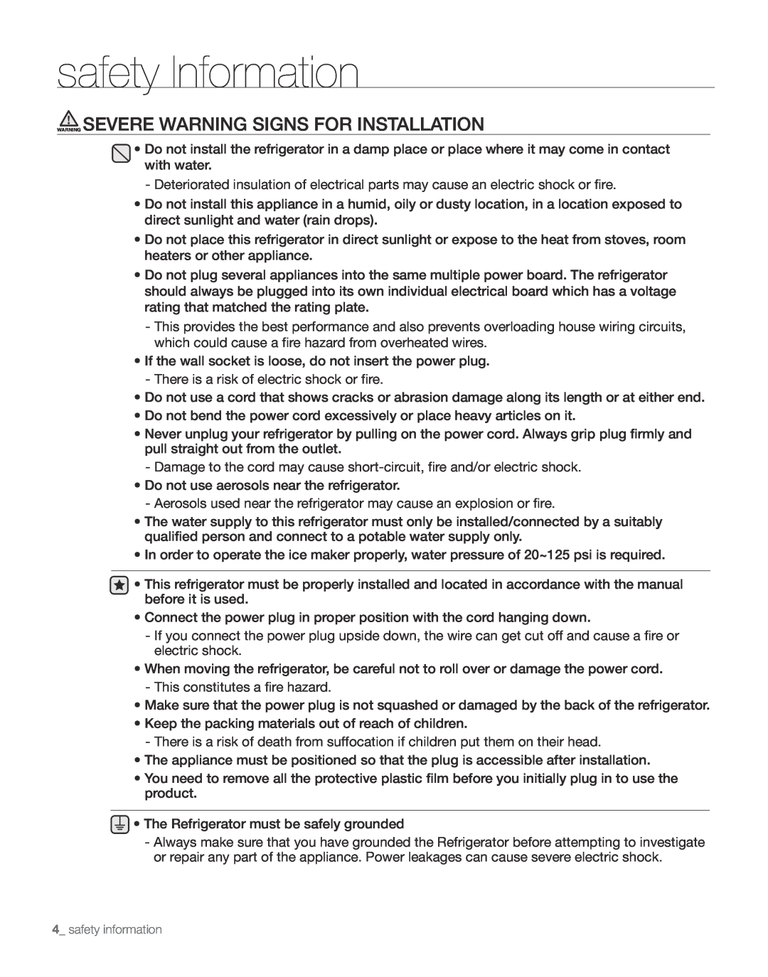 Samsung RS267TDPN user manual Warning Severe Warning Signs For Installation, safety Information 