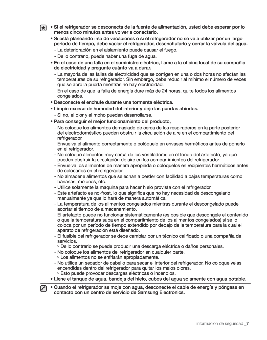 Samsung RS267TDPN user manual La deterioración en el aislamiento puede causar el fuego 