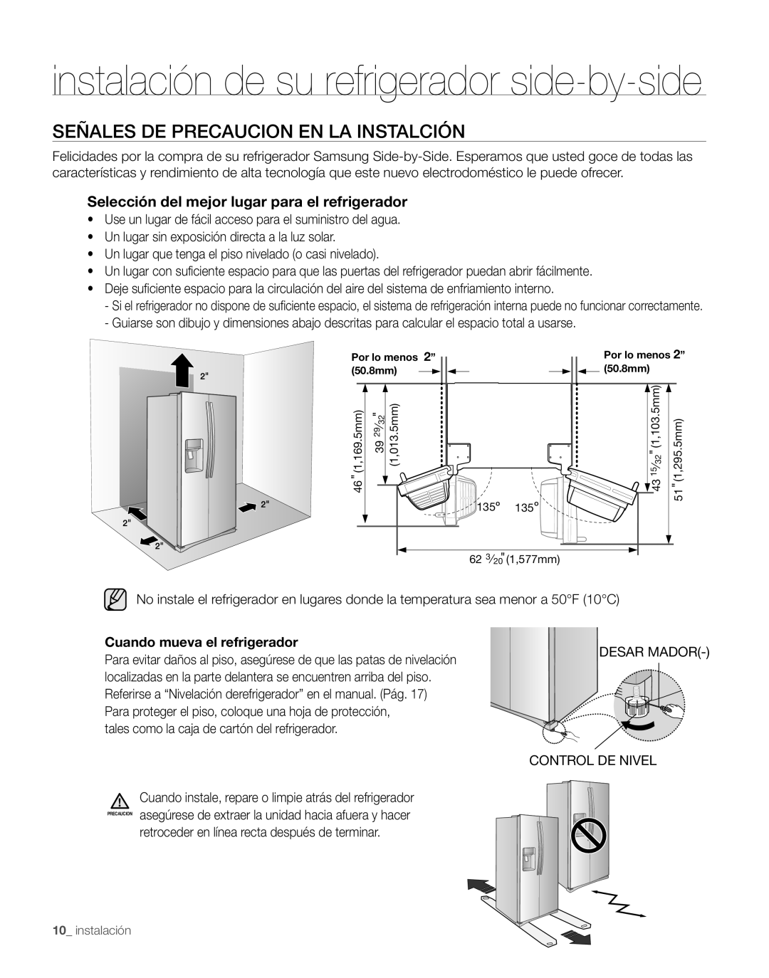 Samsung RS267TDPN user manual instalación de su refrigerador side-by-side, Señales De Precaucion En La Instalción 