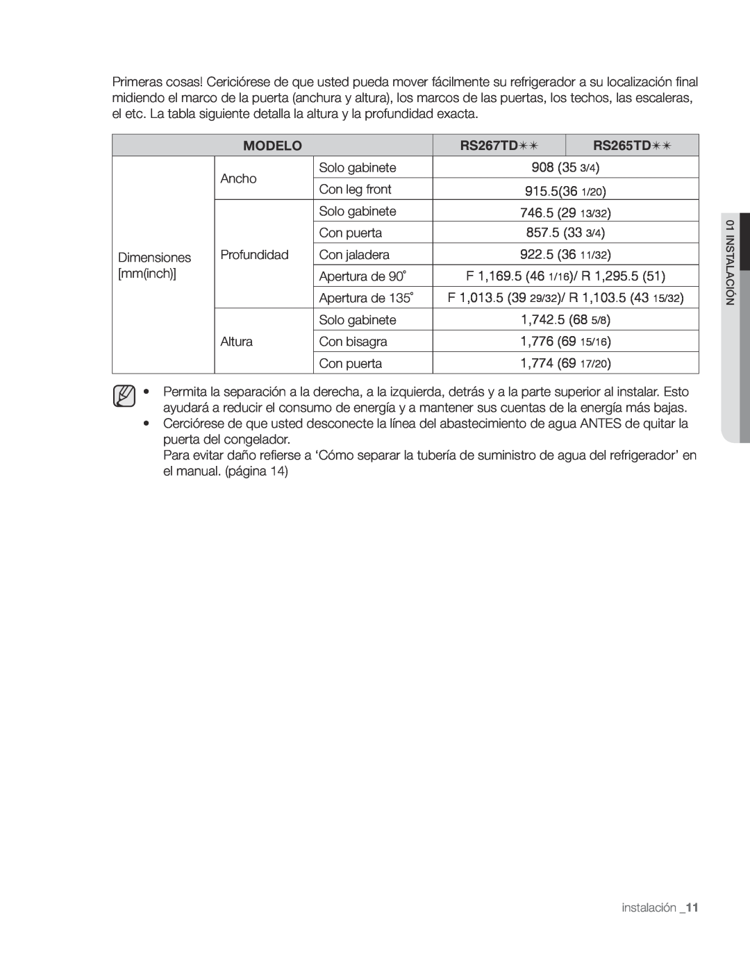 Samsung RS267TDPN user manual Modelo, RS267TD, RS265TD, instalación 