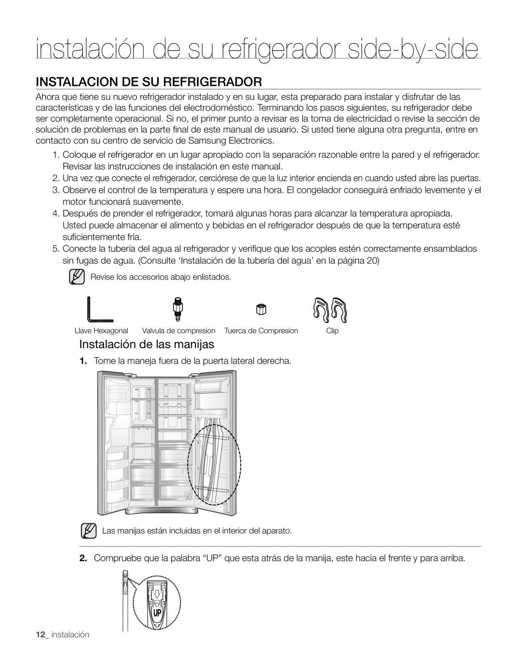 Samsung RS267TDPN Instalacion De Su Refrigerador, Instalación de las manijas, instalación de su refrigerador side-by-side 