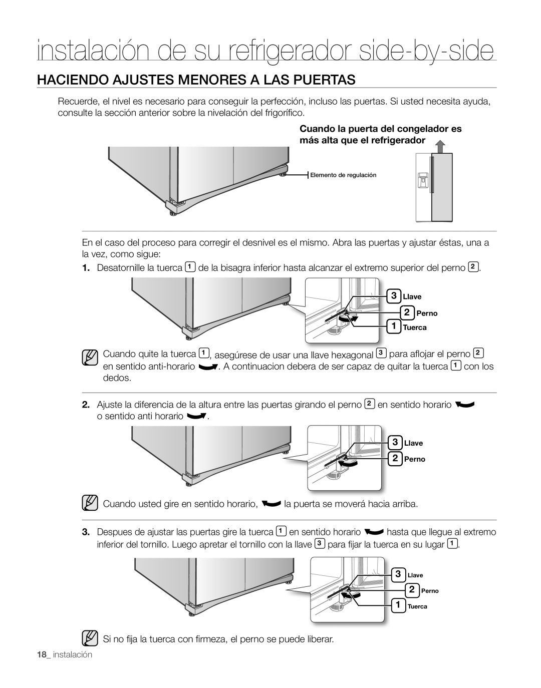 Samsung RS267TDPN user manual Haciendo Ajustes Menores A Las Puertas, instalación de su refrigerador side-by-side 