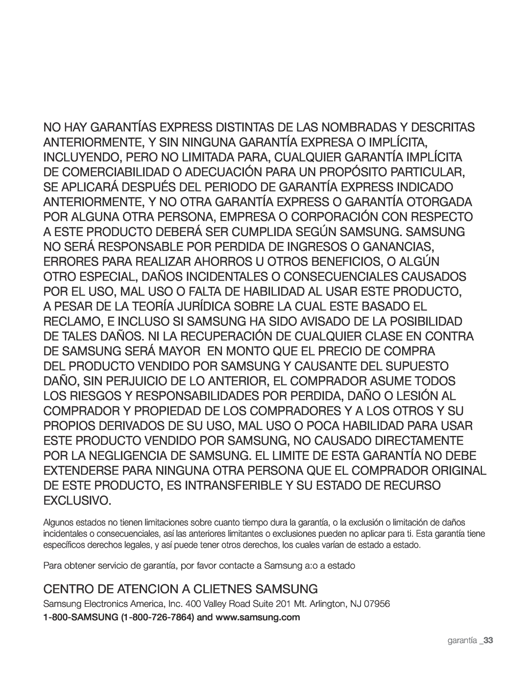 Samsung RS267TDPN user manual Centro De Atencion A Clietnes Samsung, garantía 